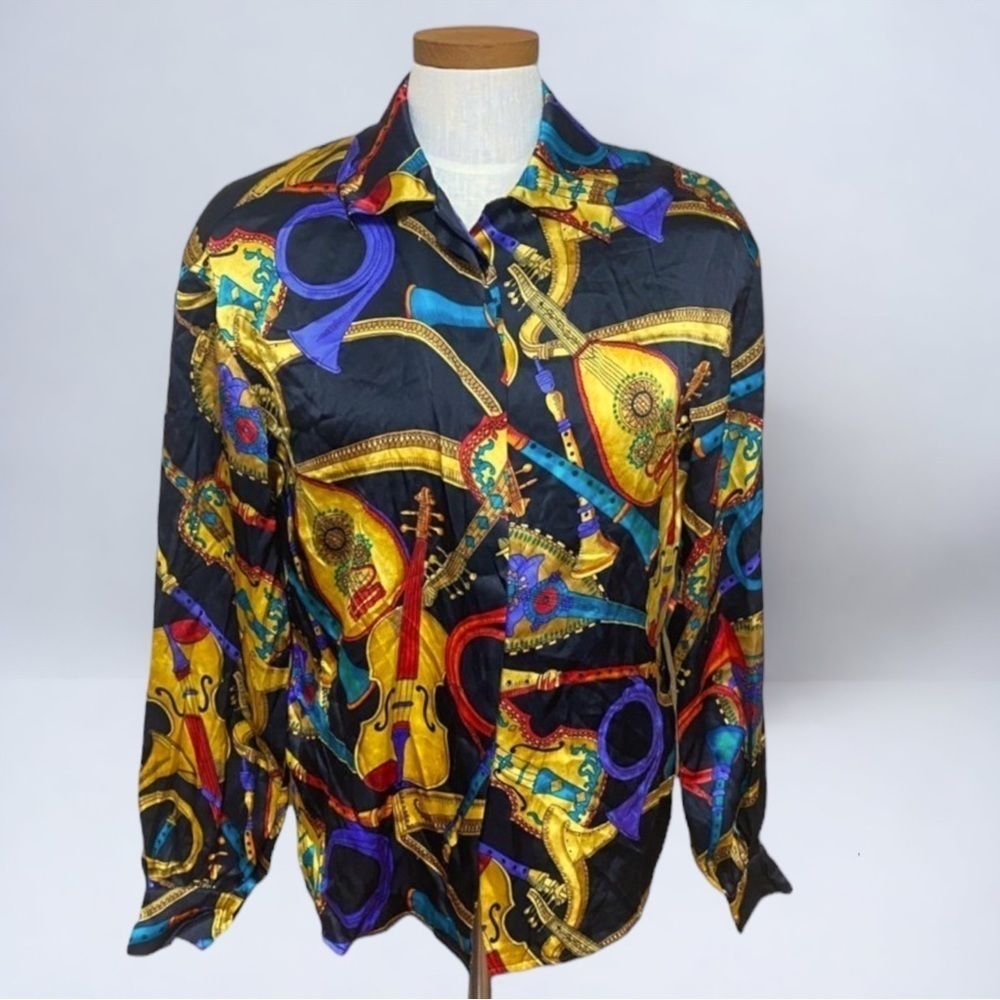 Carlisle Womens Multicolored Guitar Print Long Sleeve Collared Shirt Sz 4
